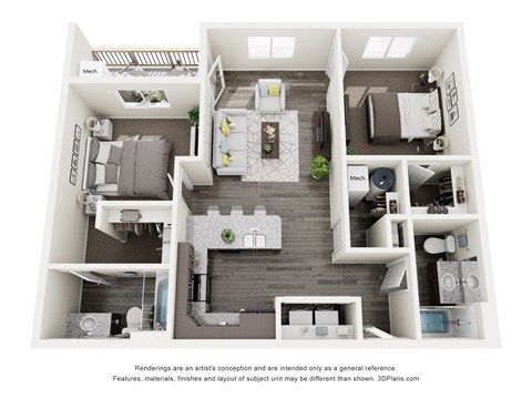 Floor plan for 2 beds, 2 baths, 935 sqft